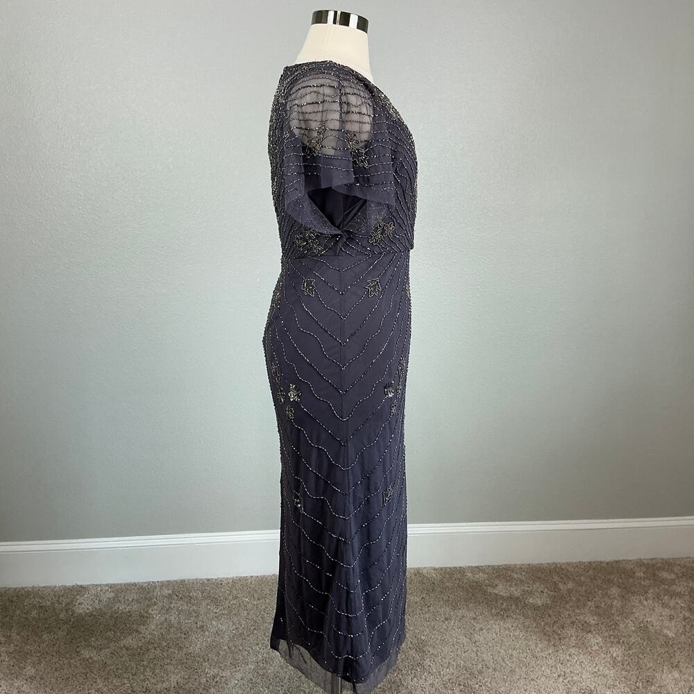 Adrianna Papell Beaded Short Flutter Sleeve Midi Sheath Gown Gray Size 14 Dress - Picture 4 of 13